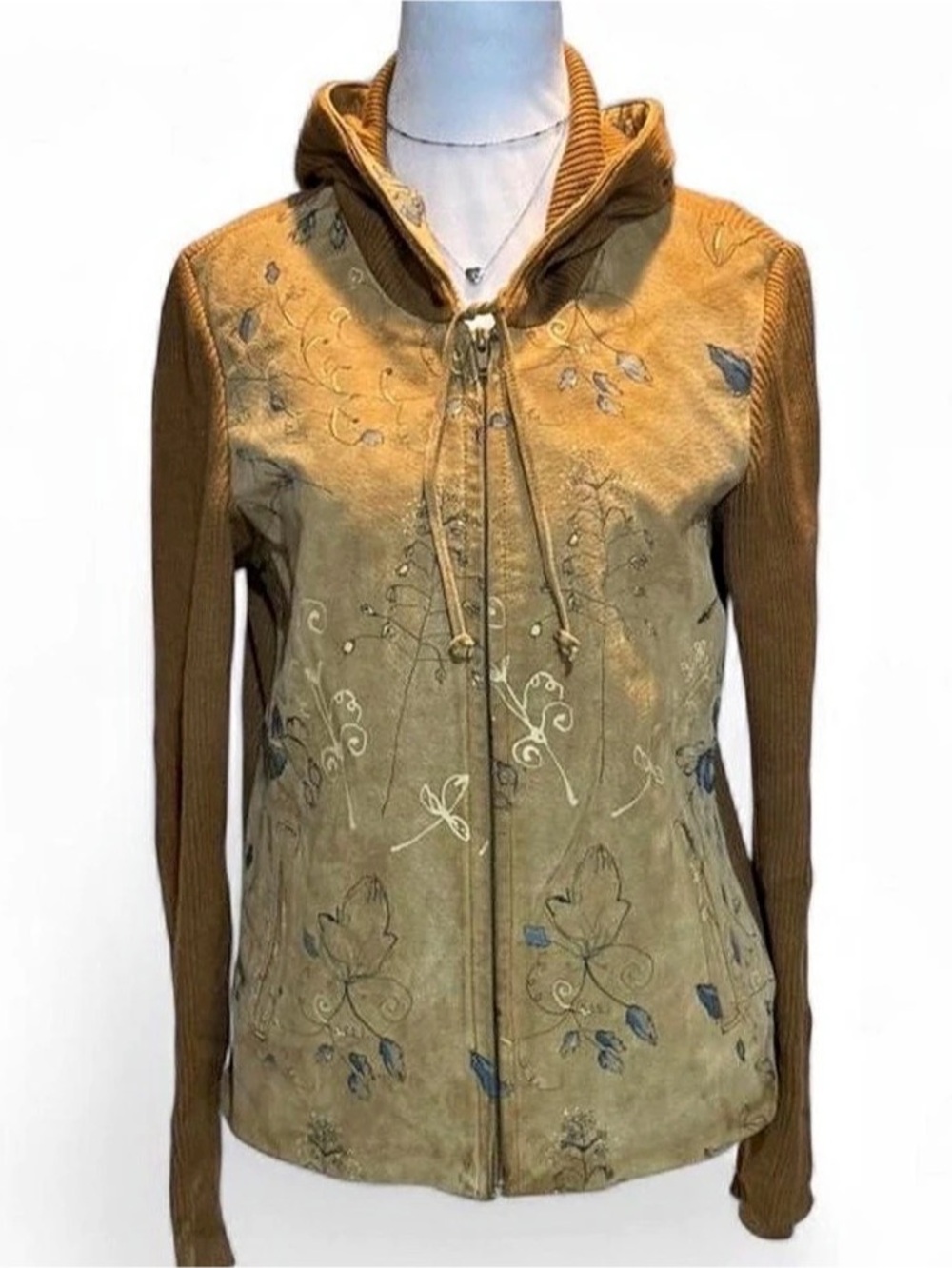 Cali Floral Hooded leather and knit embroidered Jacket Size Medium